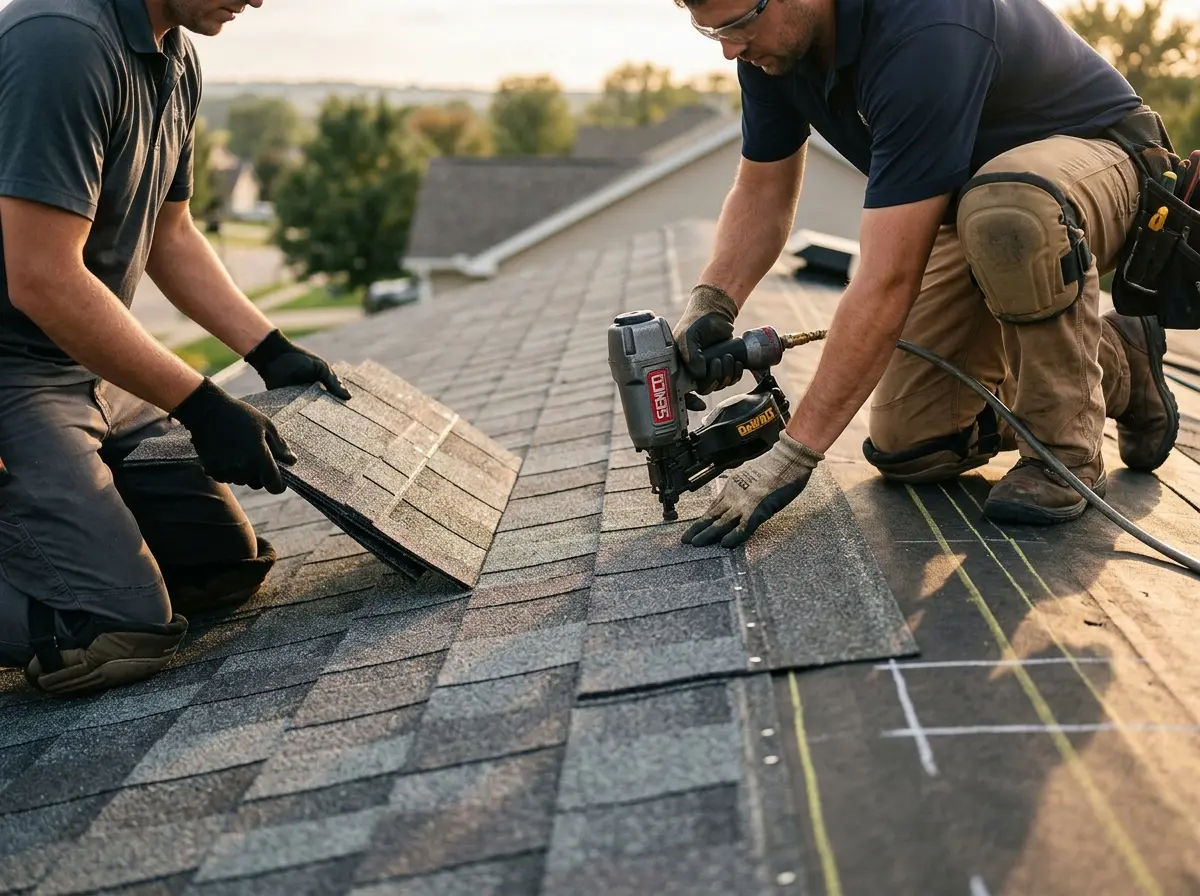 Professional roofer working on a residential roof in Harrisonburg